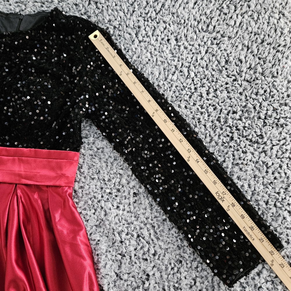 Black & Red Maxi Dress M Medium Sequined Satin Long Sleeve Formal Gown AO YAN - Picture 9 of 12